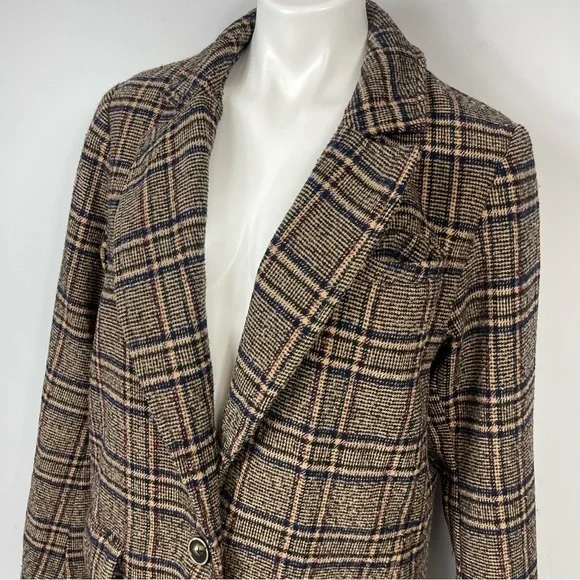 Free People Plaid Wool Blend Tweed Oversized Boxy Coat Overcoat Long Jacket Boho